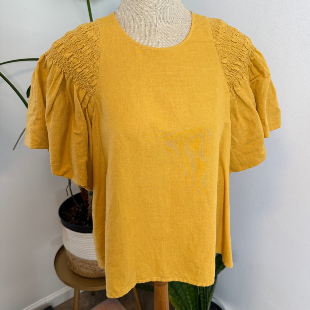 The Great Women's Mustard Yellow Smocked Sleeve Linen‎ Cotton Blend Top Size 0